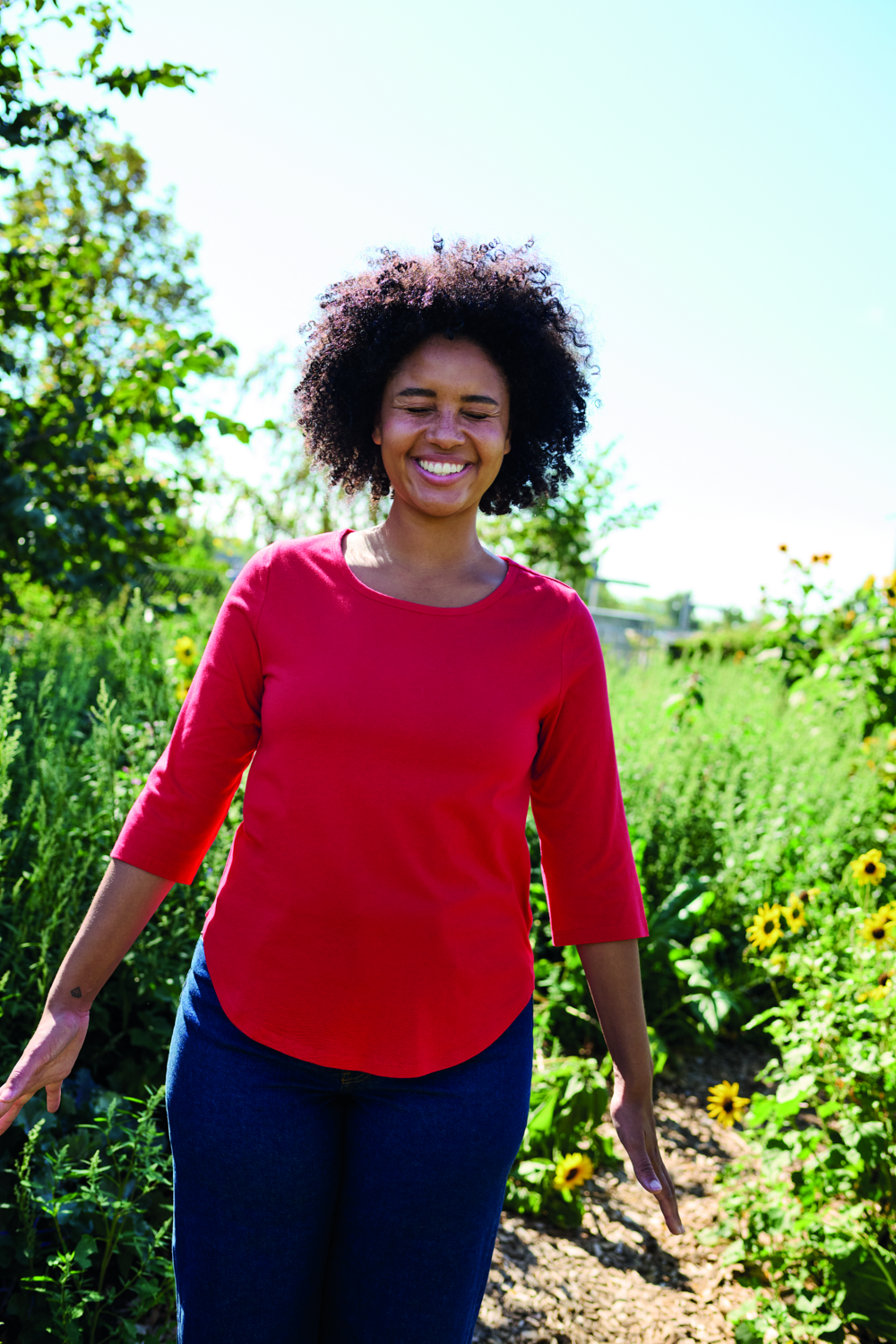 Naisten 3/4-hihainen t-paita, Reilun kaupan puuvilla, 155g – Studio edestä